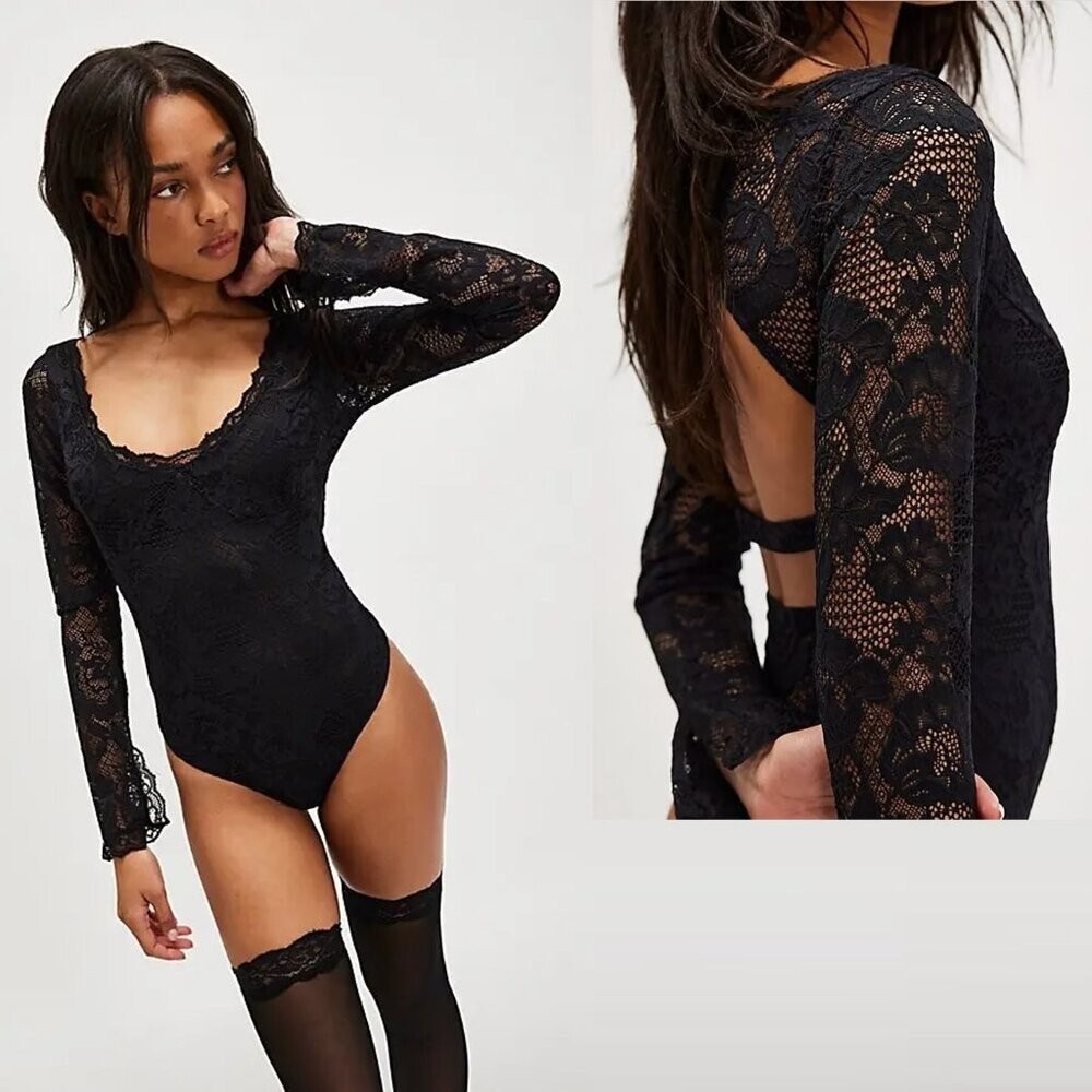 Free People Intimately Perfectly Fine Lace Long Sleeve Bodysuit With Open Back